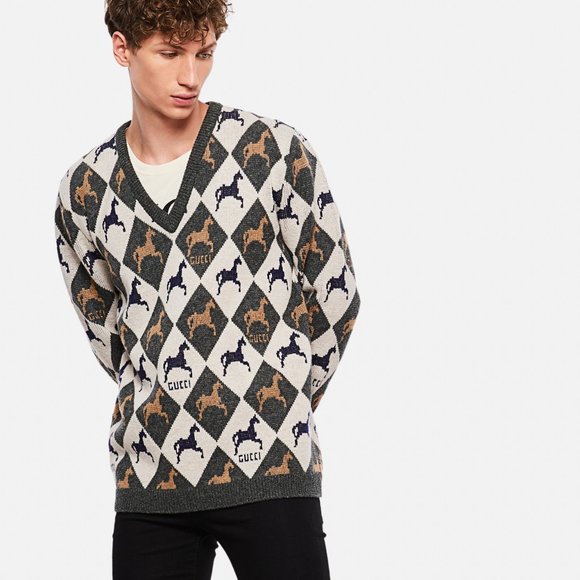 π₯³ππ HOST PICK πππ₯³ Gucci Equestrian π΄ π Diamond Jacquard Sweater in Gray NWT - Picture 4 of 12